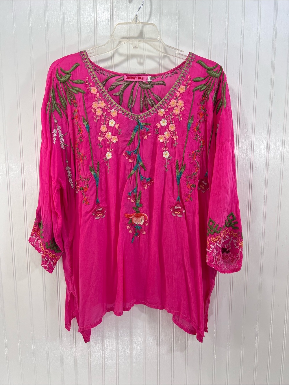 Johnny Was Hot Pink Fuchsia Cupra Rayon Embroidered Tunic Blouse XL Boho Floral